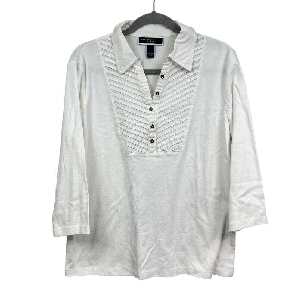 Karen Scott Women Blouse Top Collared Pleated V Neck 3/4 Sleeve White Size 0X*